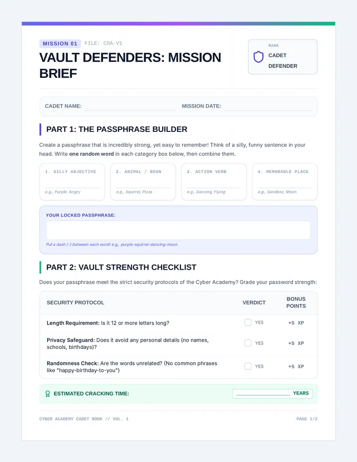 Vault Defense Worksheet