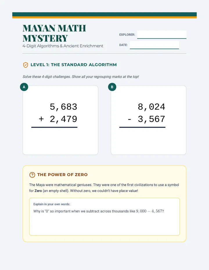 Mayan Math Mystery Worksheet