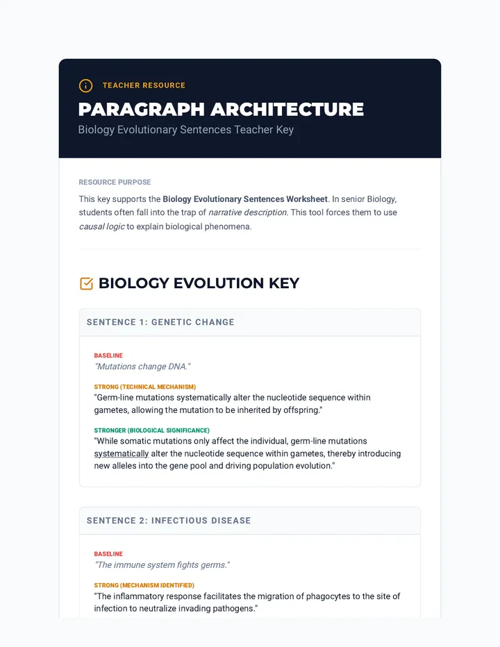 Biology Evolutionary Sentences Teacher Key