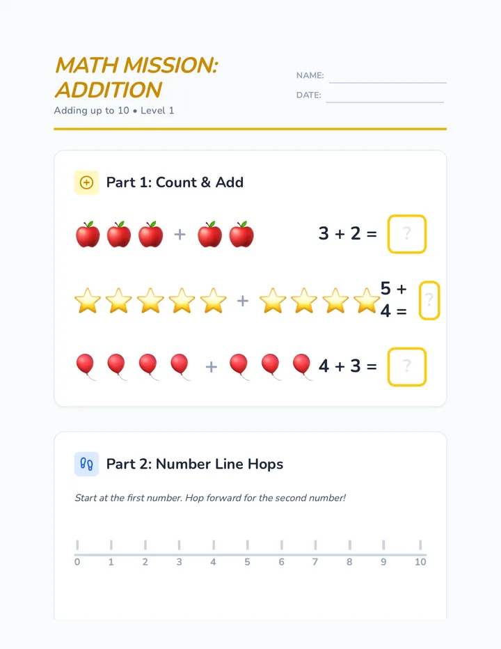 Math Addition Mission Worksheet