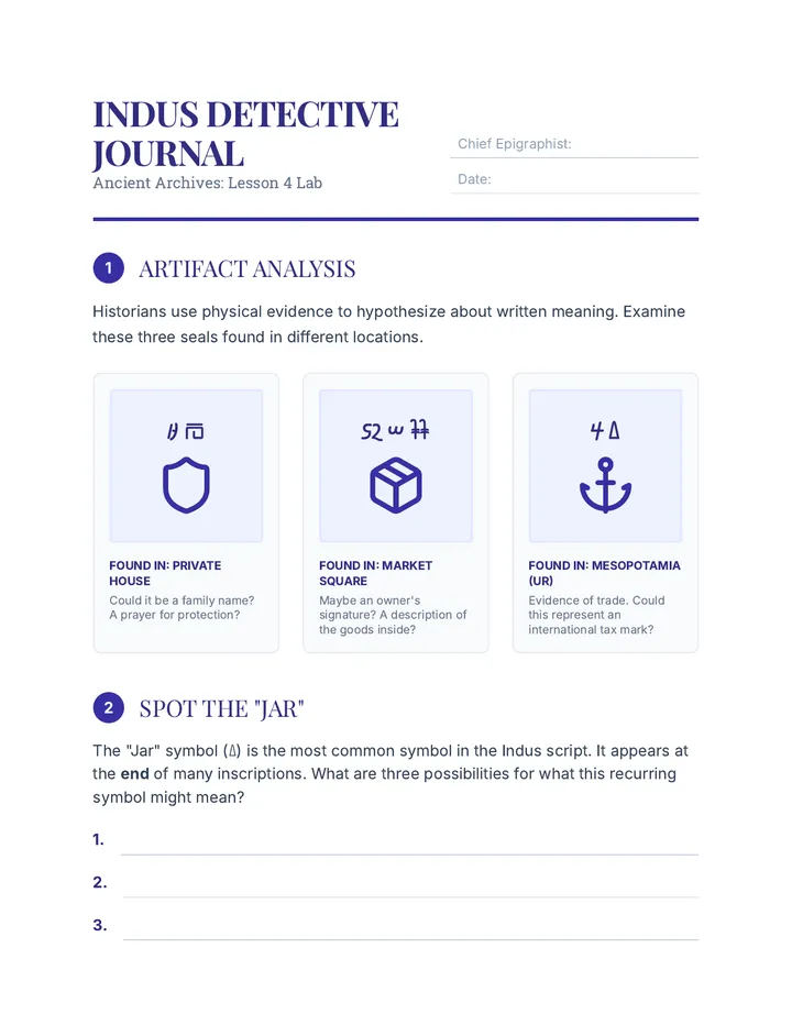 Indus Detective Journal Worksheet