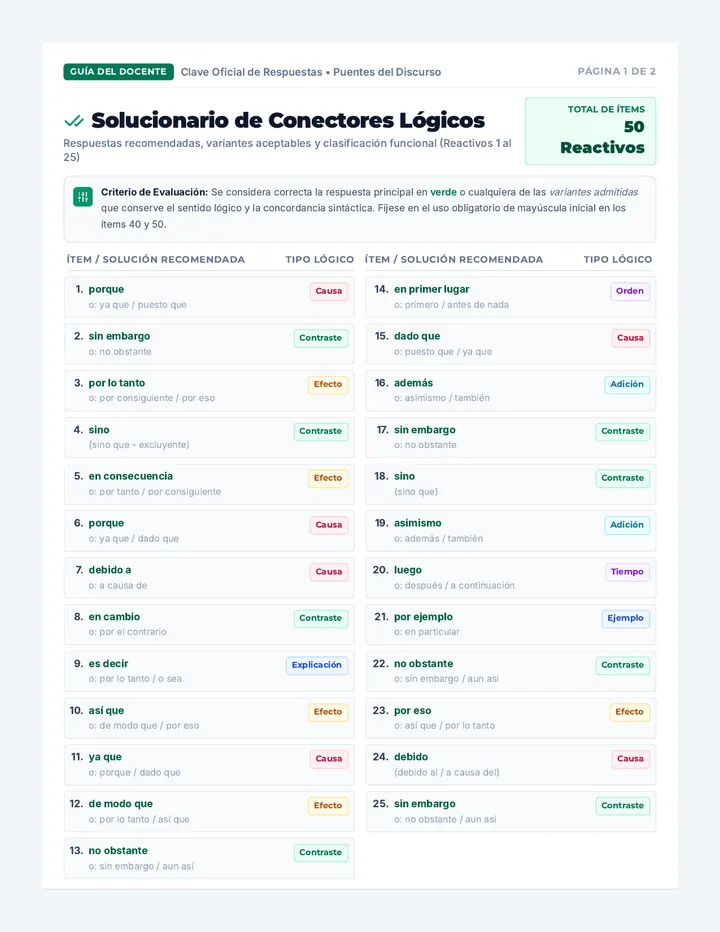 Spanish Connectors Answer Key