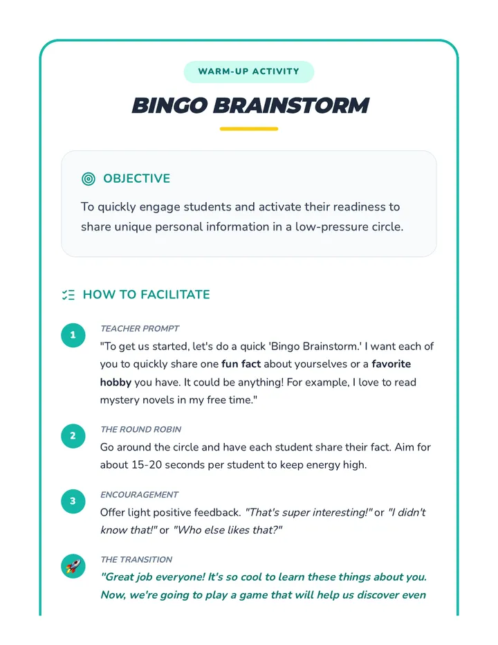 Bingo Brainstorm Warm Up