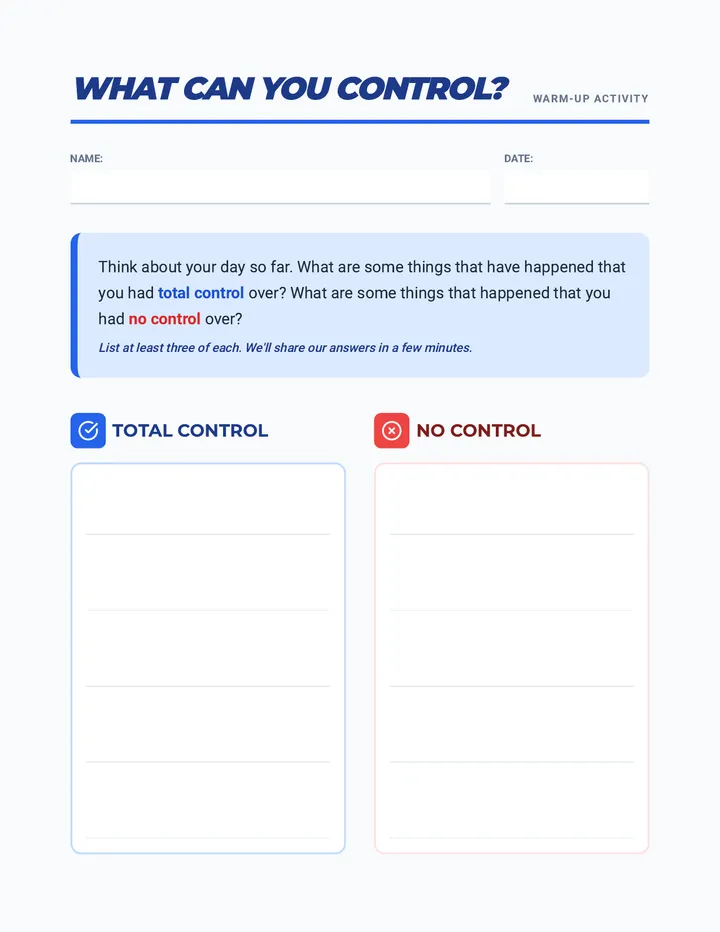 What Can You Control Worksheet