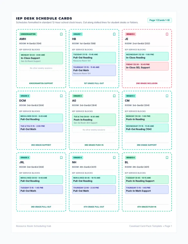 Student Schedule Cards Printout