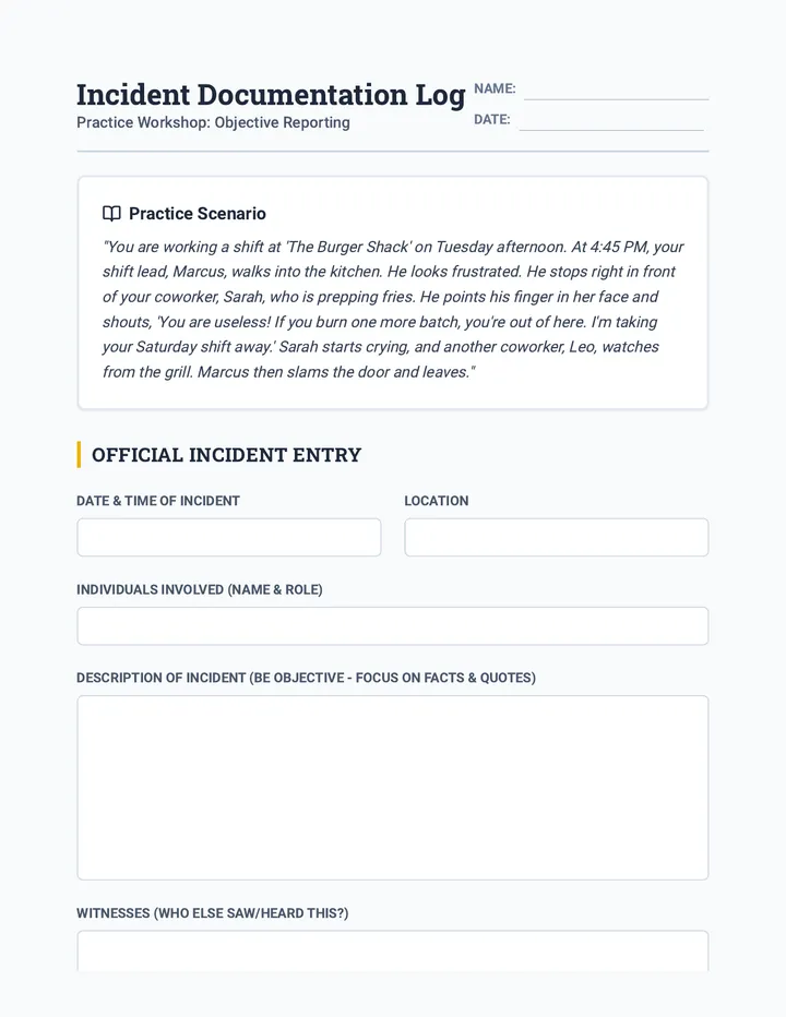 Incident Log Worksheet