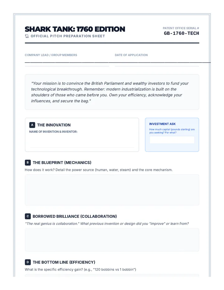 Shark Tank Pitch Worksheet