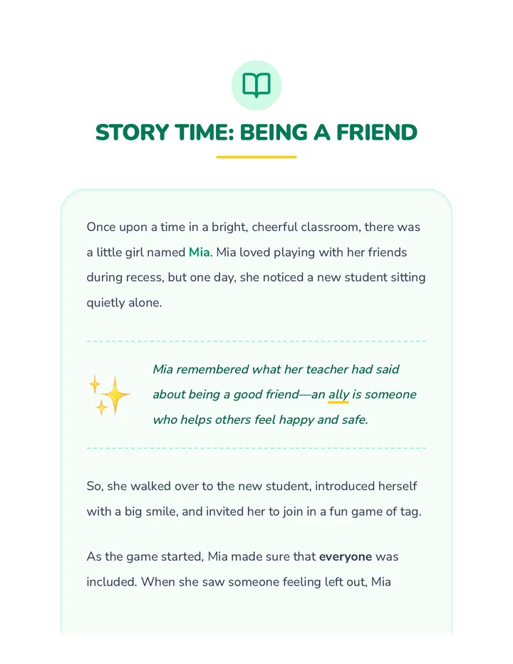 Story Time: Being a Friend Reading Sheet