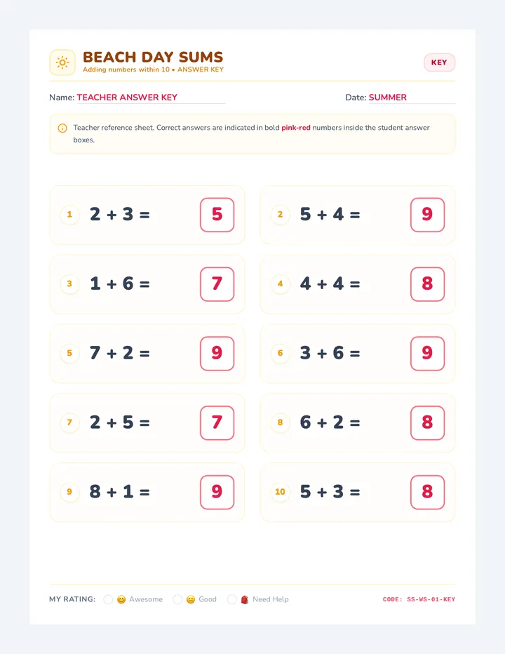 Sunny Sums Answer Key