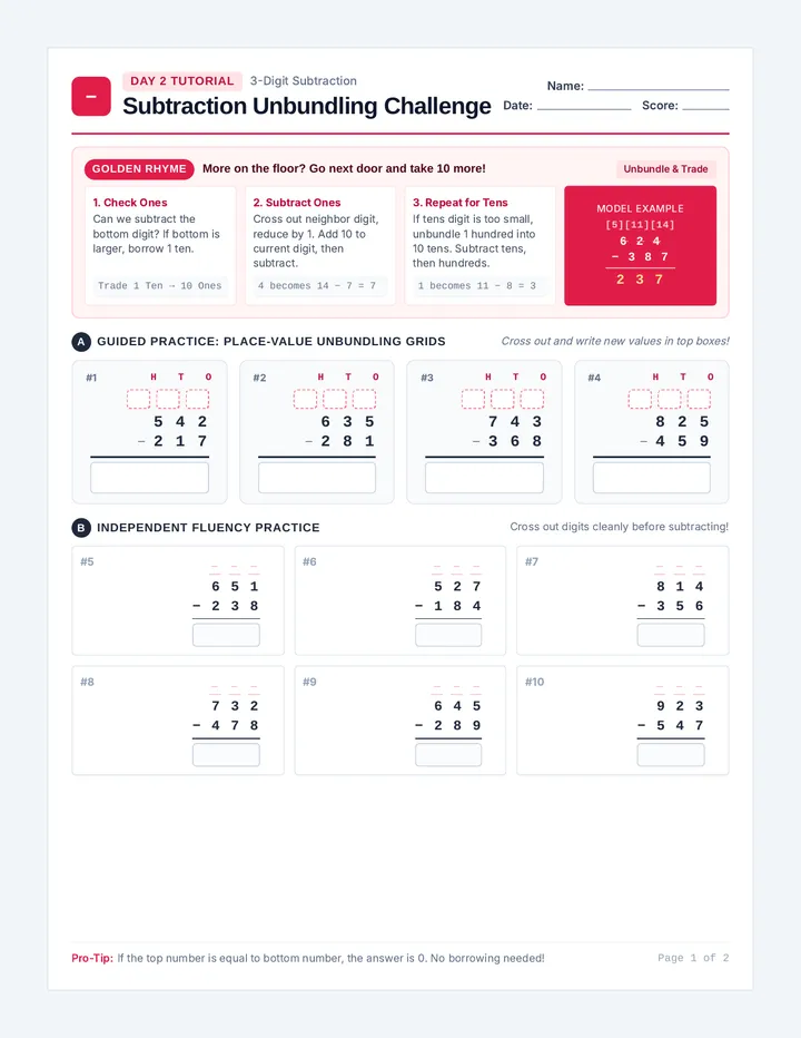 Subtraction Borrowing Worksheet