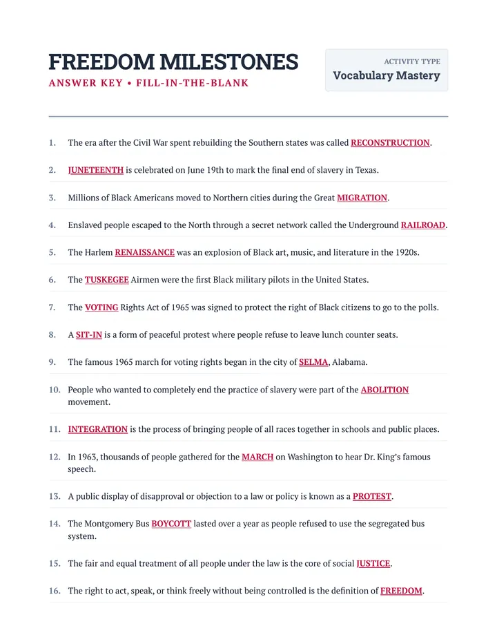 Freedom Milestones Fill-in-the-Blank Answer Key