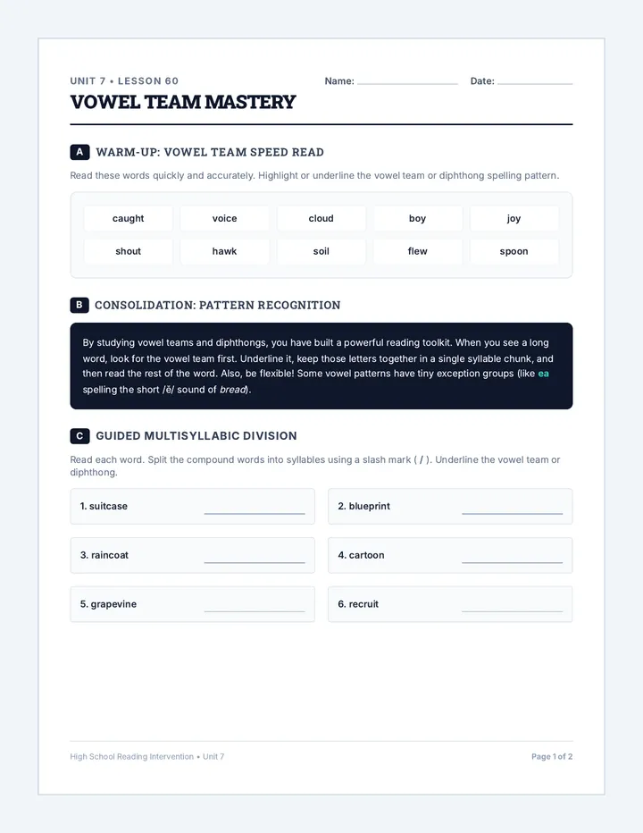 Vowel Team Mastery Handout