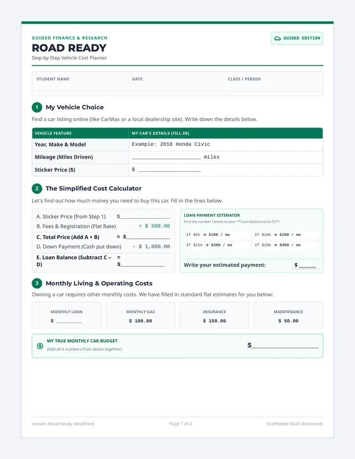 Road Ready Scaffolded Worksheet