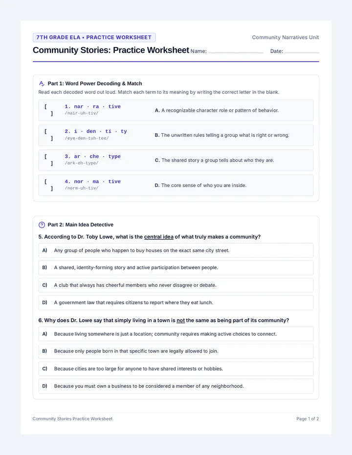 Community Stories Practice Worksheet