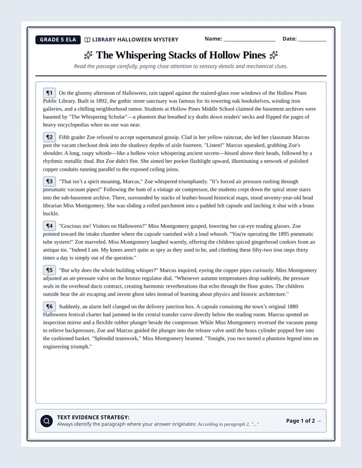 Hollow Pines Reading Worksheet