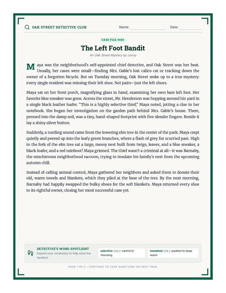Left Foot Bandit Worksheet