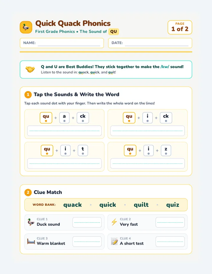 Quick Quack Worksheet