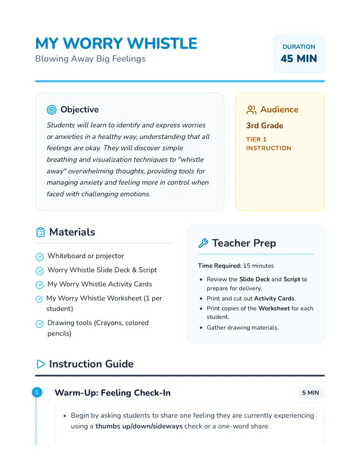 Worry Whistle Lesson Plan