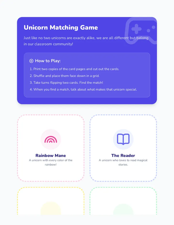Unicorn Matching Game Cards