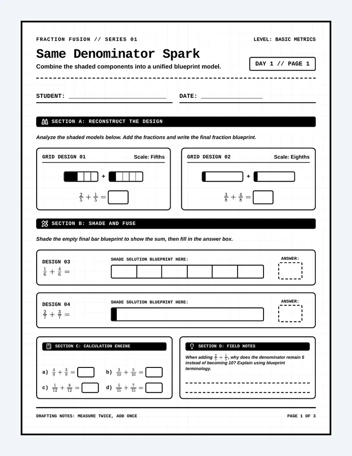 Same Denominator Worksheet