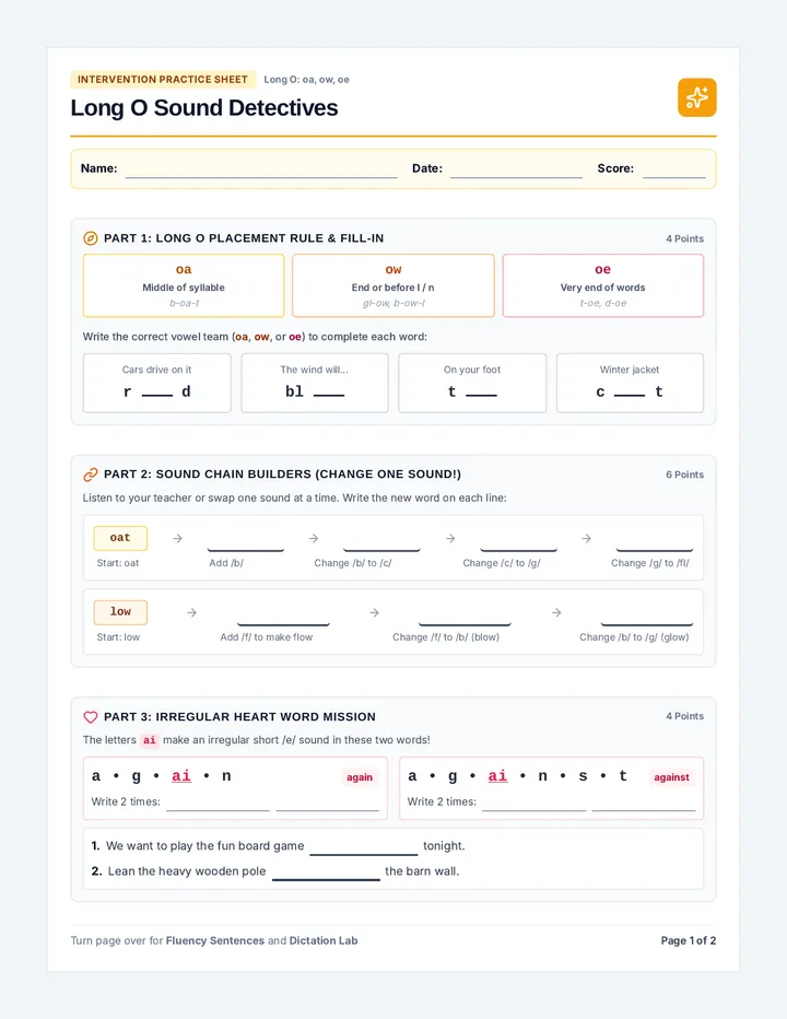 Long O Sub Worksheet