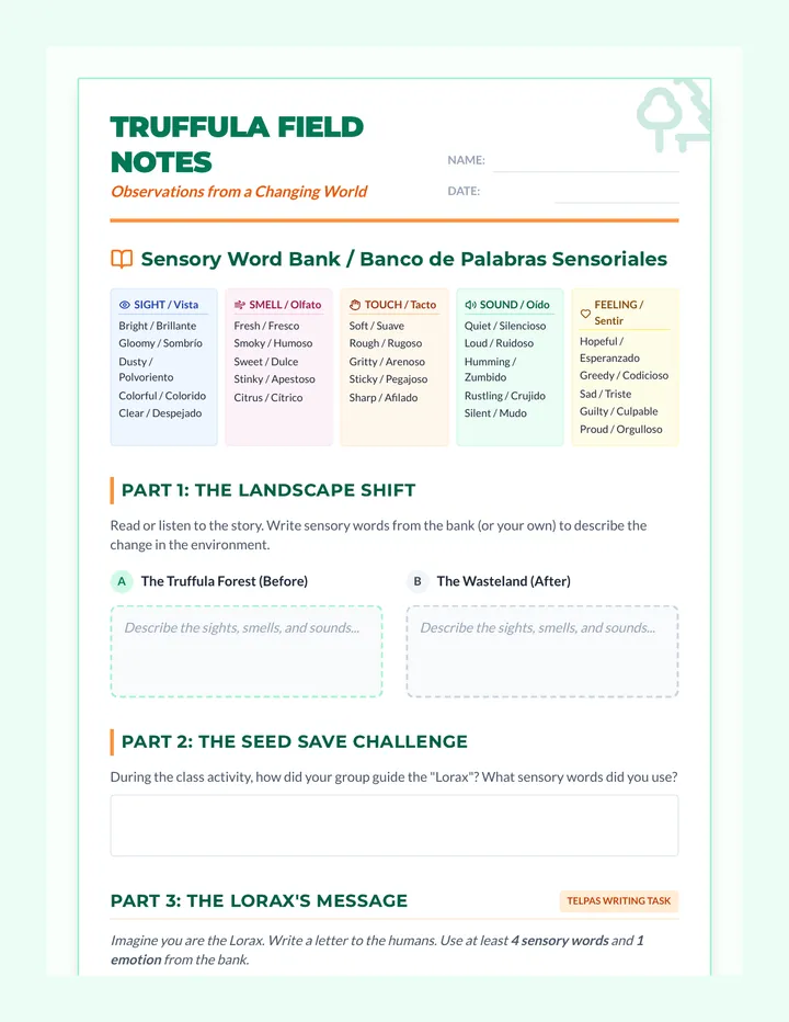 Truffula Field Notes Worksheet