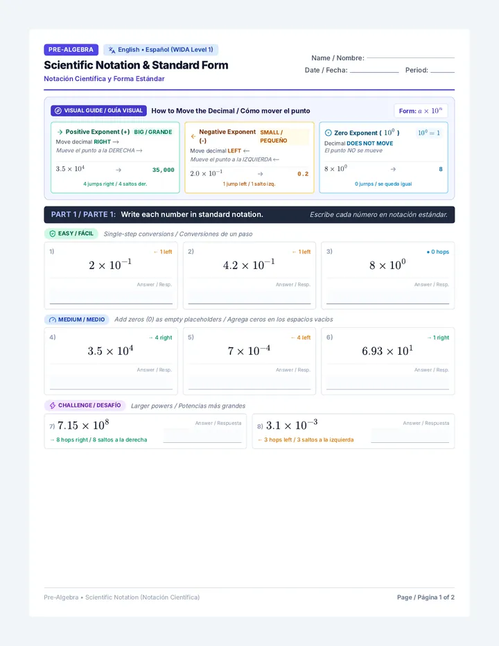 Scientific Notation Bilingual Worksheet