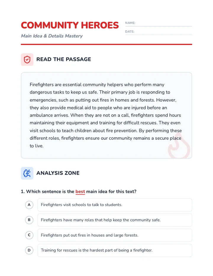 Hero Main Idea Challenge Worksheet