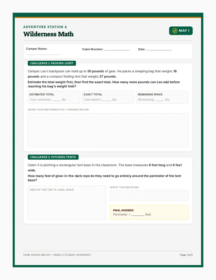 Camp Wilderness Math Worksheet