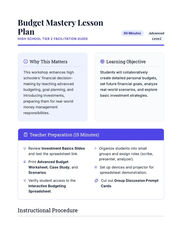 Budget Mastery Lesson Plan Teacher Guide
