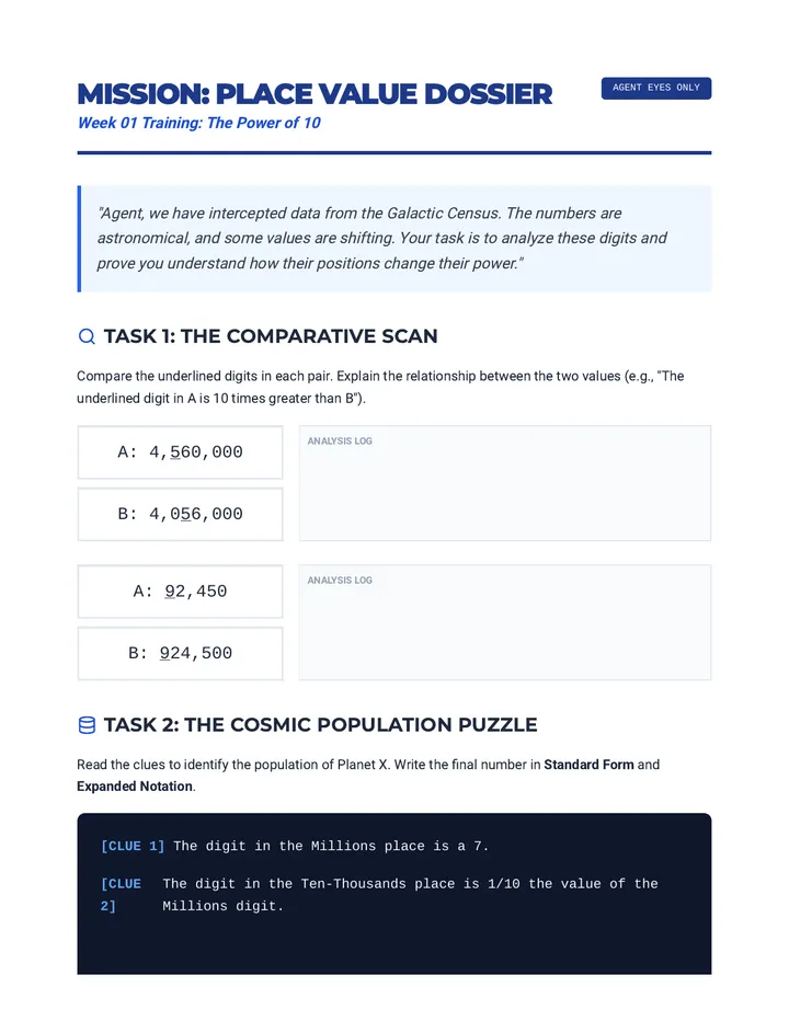 Place Value Dossier Worksheet
