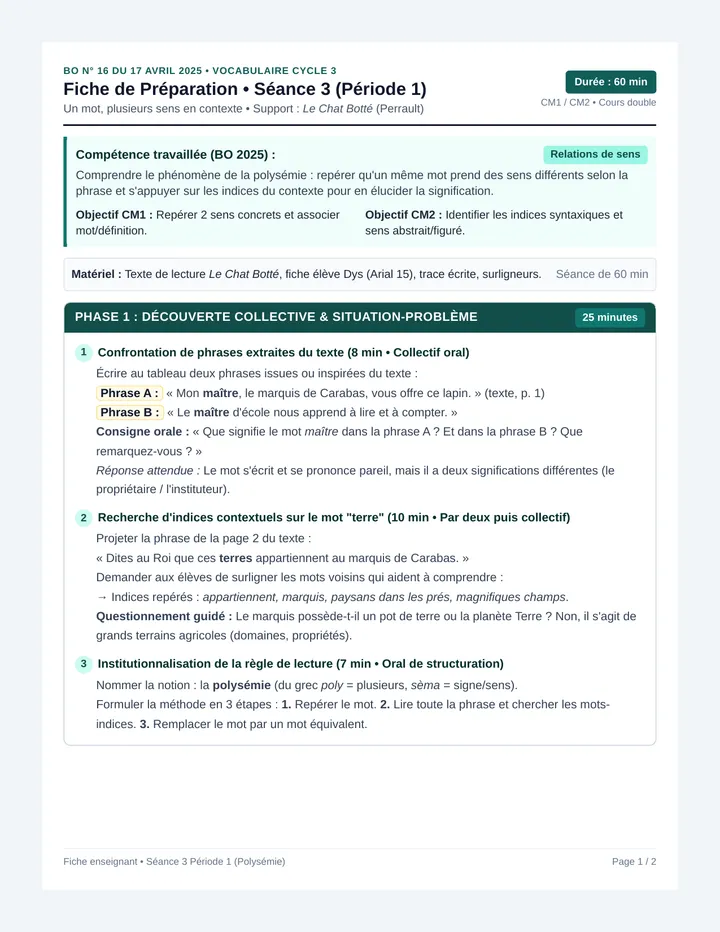 Polysémie Chat Botté Fiche Prep
