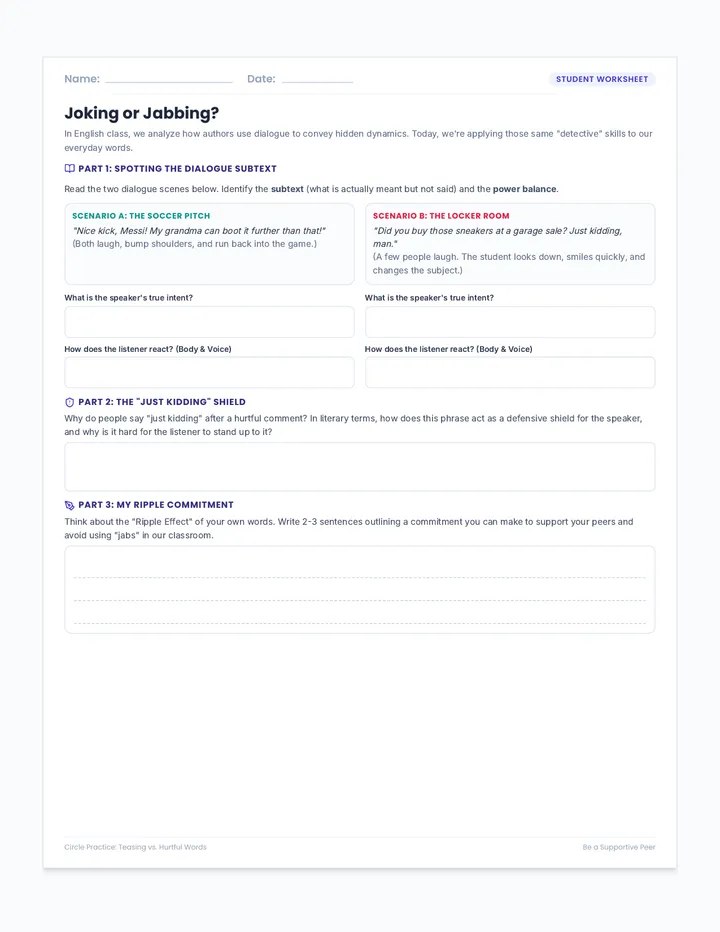 Joking or Jabbing Reflection Sheet