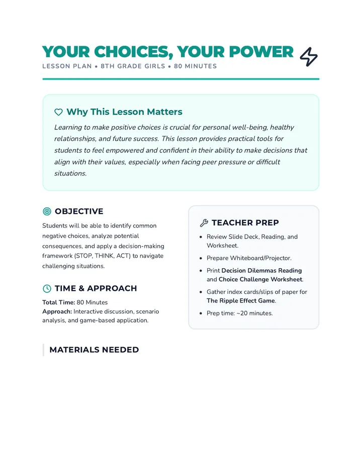 Your Choices Your Power Lesson Plan