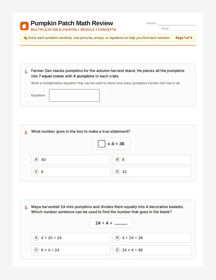 Pumpkin Patch Math Review Worksheet
