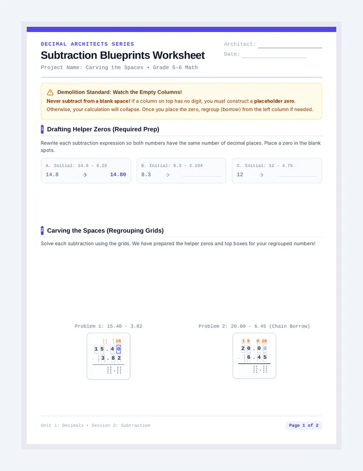 Subtraction Blueprints Worksheet