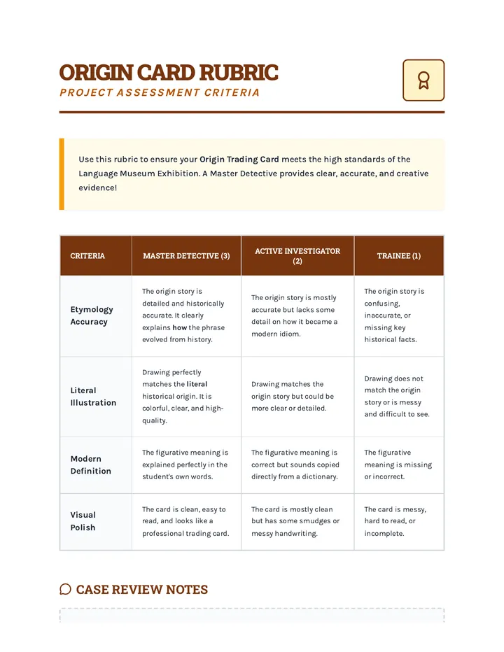Origin Card Rubric