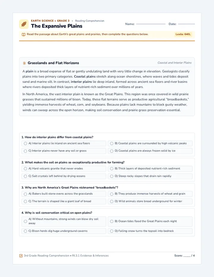 Sprawling Plains Reading Worksheet