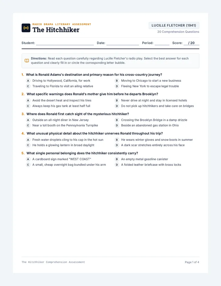 Ghostly Hitchhiker Comprehension Worksheet
