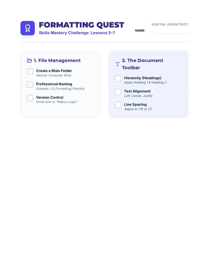Formatting Quest Worksheet