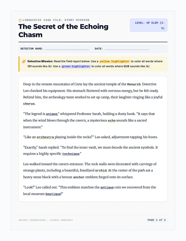 Secret Chasm Phonics Story Worksheet