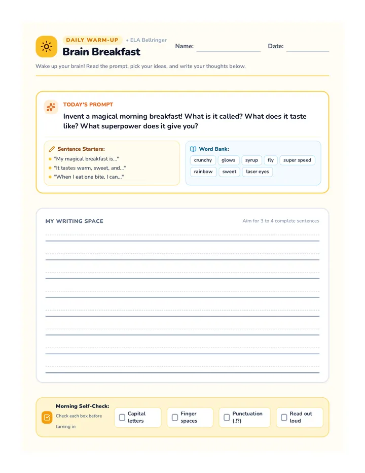 Brain Breakfast Writing Worksheet