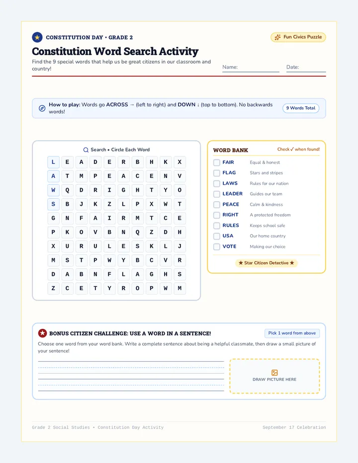 Constitution Word Search Activity