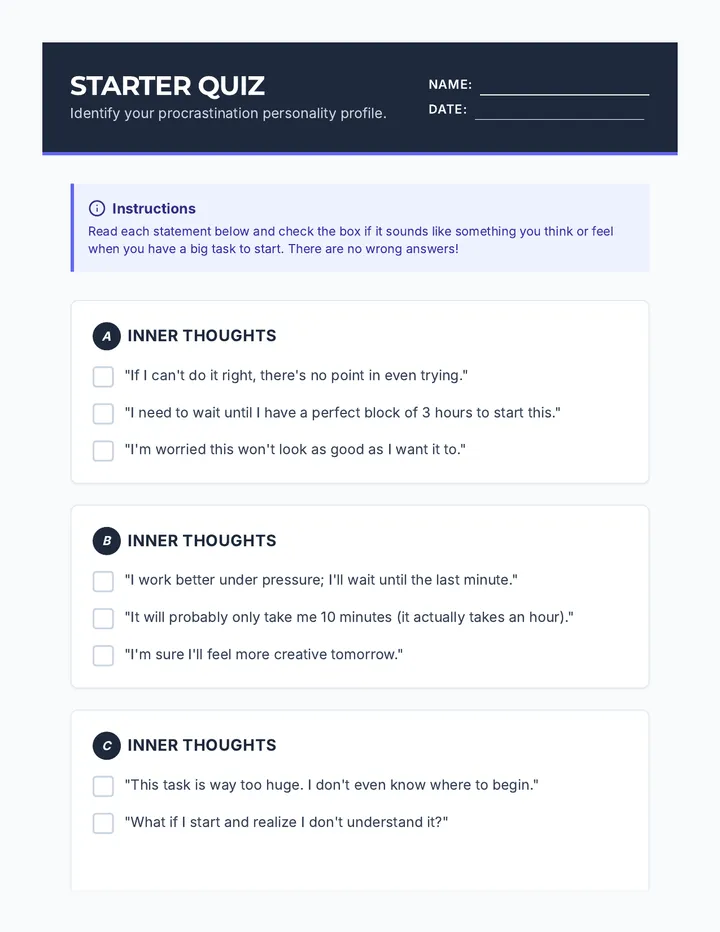 Procrastinator Quiz Worksheet
