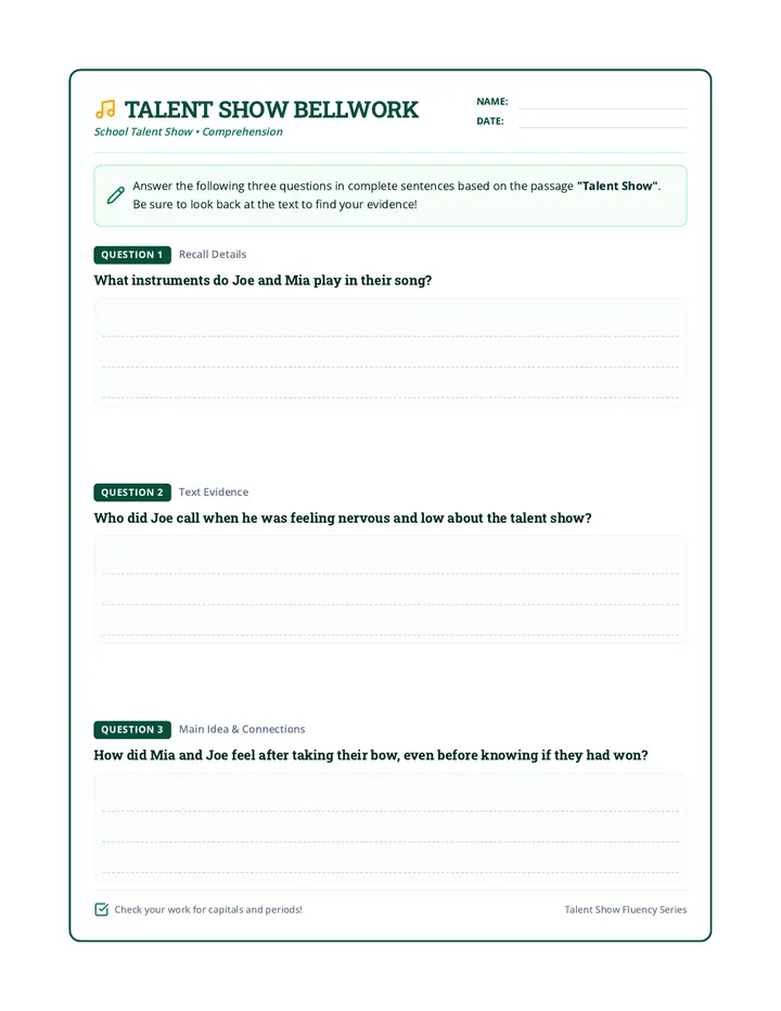 Talent Show Bellwork Worksheet