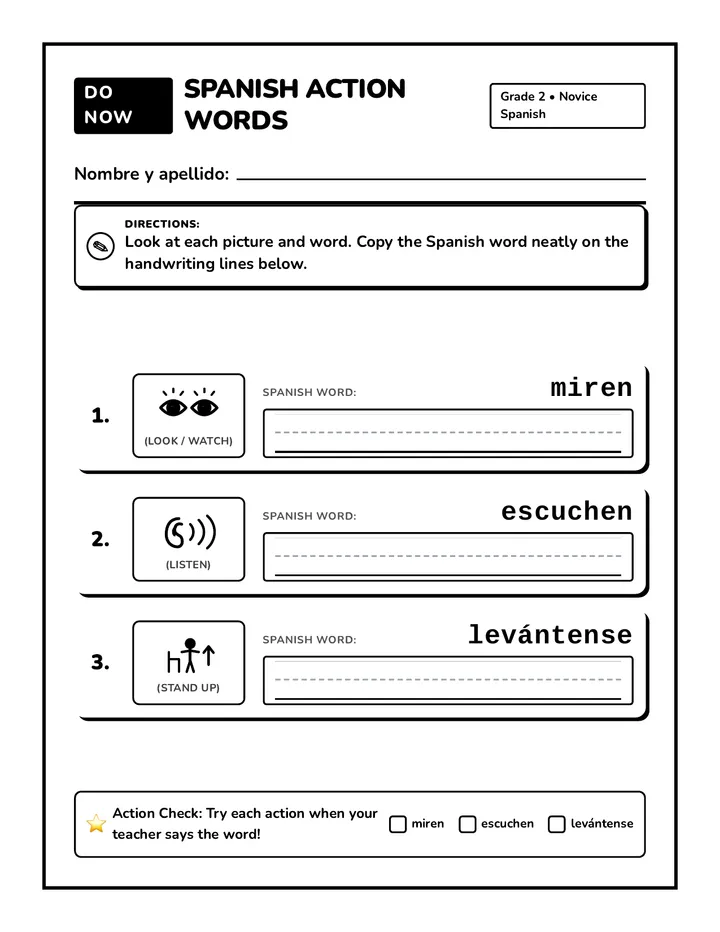 Spanish Action Words Activity