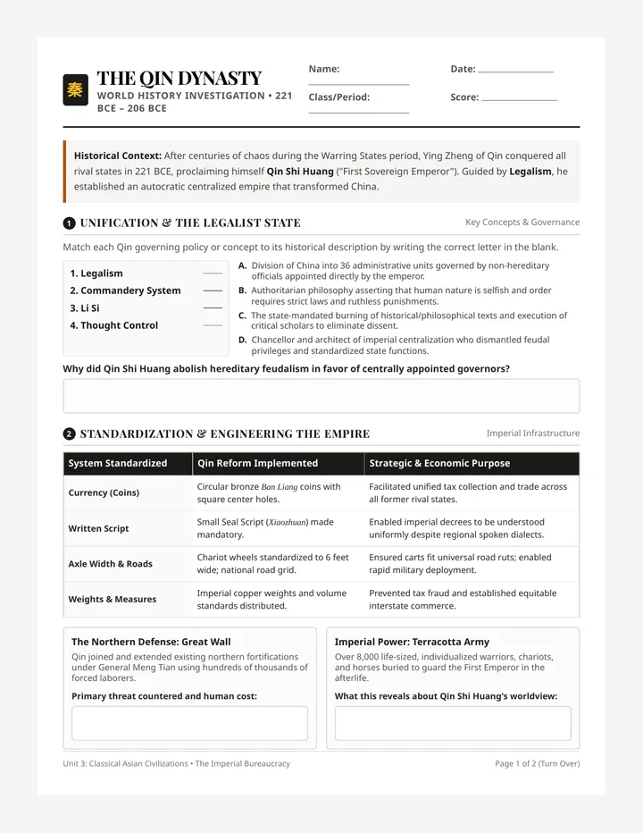 Qin Dynasty Exploration Worksheet