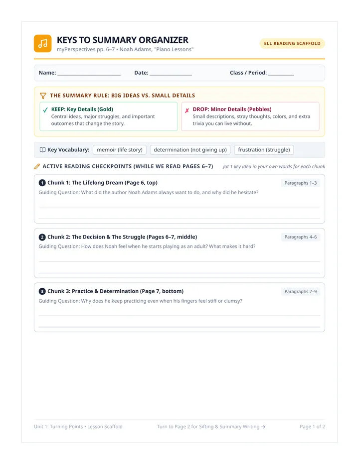 Piano Lessons Summary Organizer