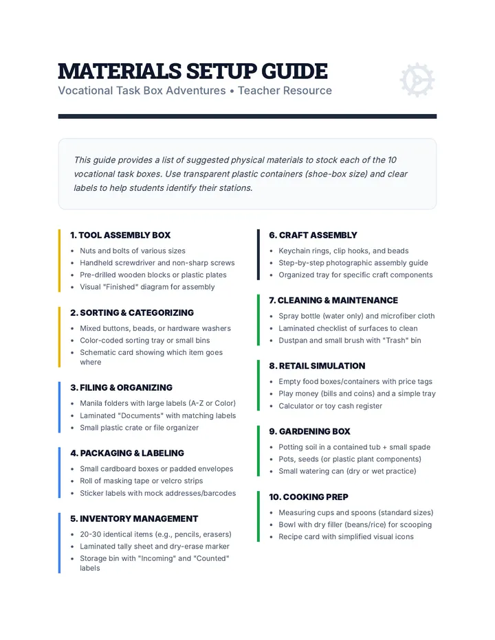 Vocational Task Box Materials Guide