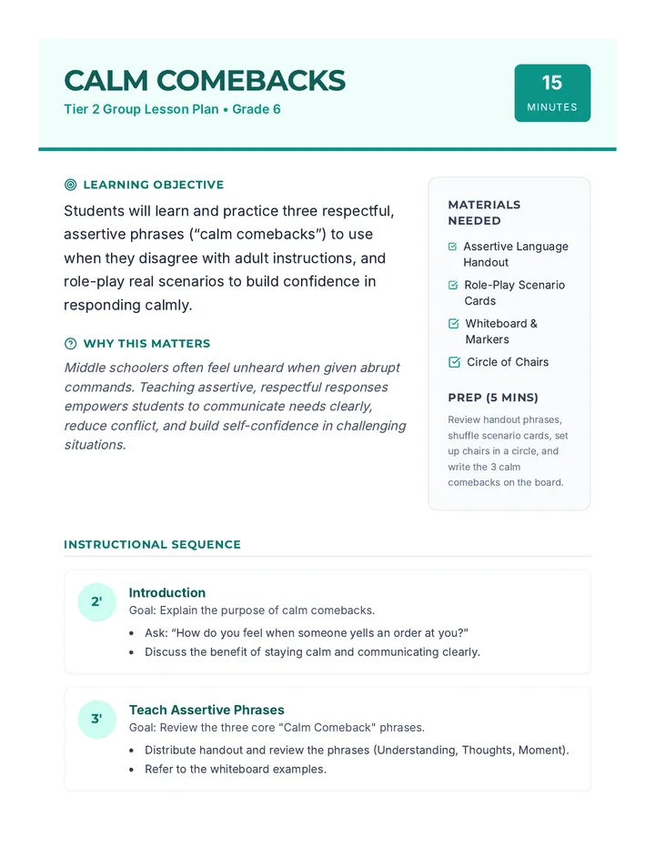 Calm Comebacks Lesson Plan